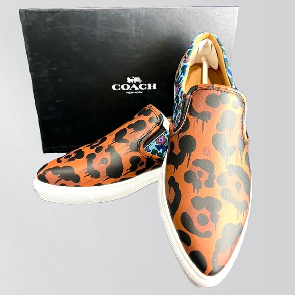 NIB Coach Wildbeast Nappa Brown Leather Animal Print Slip On Shoes - Picture 1 of 9